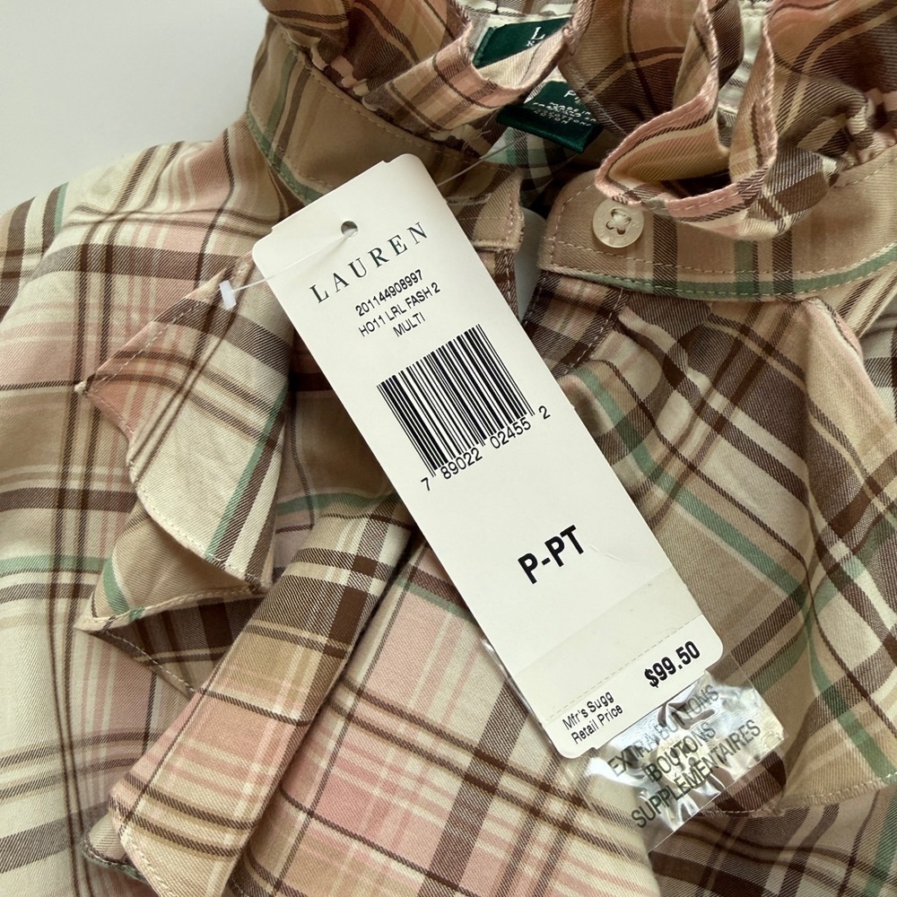 Ralph Lauren Ruffle Collared Button Down Beige Pink Plaid Blouse Petite - Picture 5 of 8